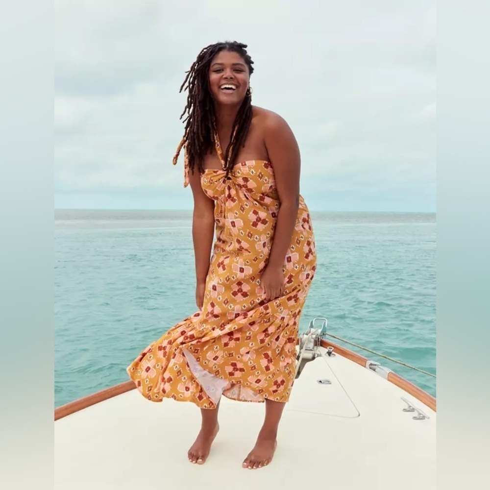 NEW Aerie High Low Halter Maxi Sundress Linen Orange Large Patterned NWT